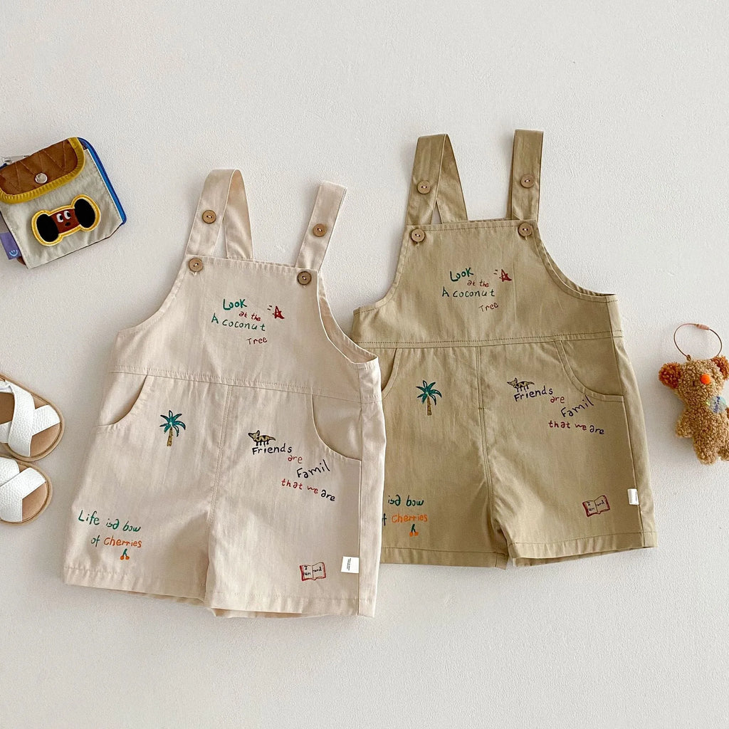 Baby cartoon suspender pants and t-shirt set in Korean style, cotton fabric, available in multiple colours for boys and girls