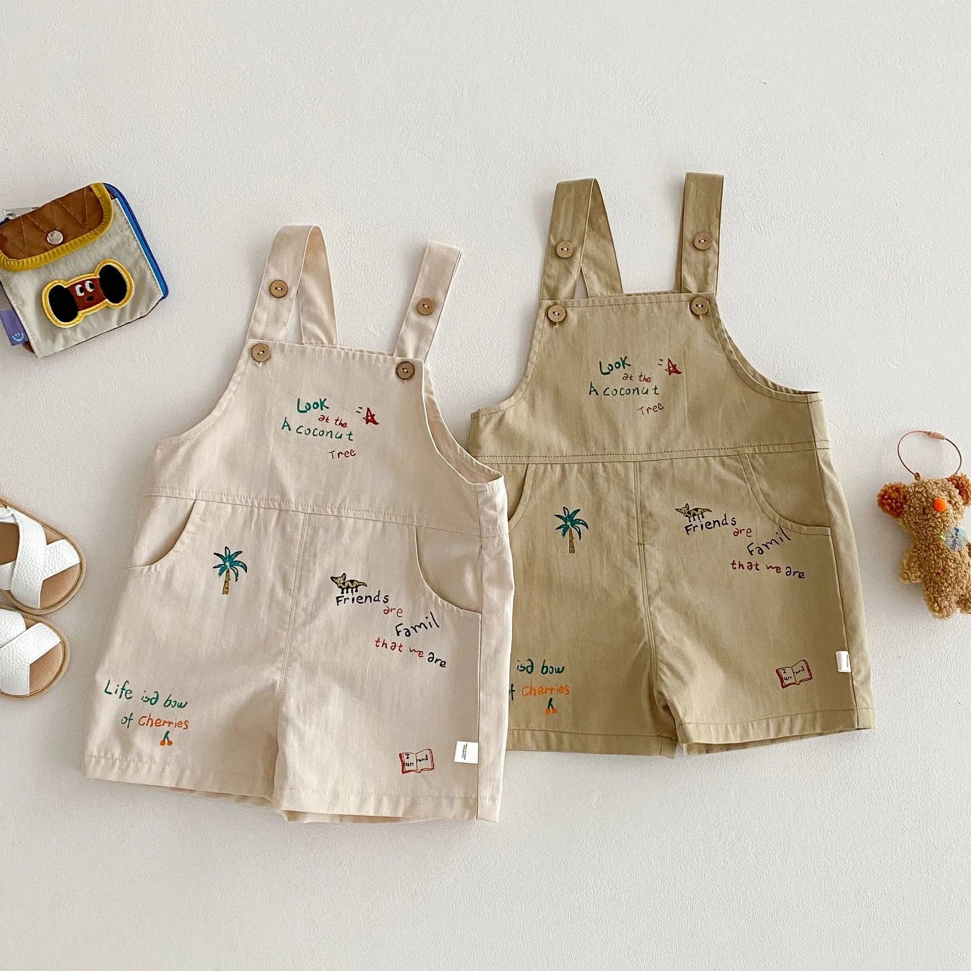 Baby cartoon suspender pants and t-shirt set in Korean style, cotton fabric, available in multiple colours for boys and girls
