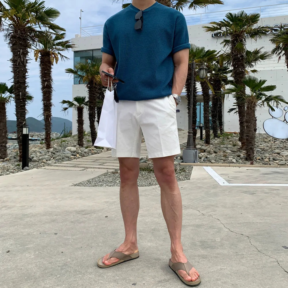 Men's straight leg casual shorts in solid colour on a hanger