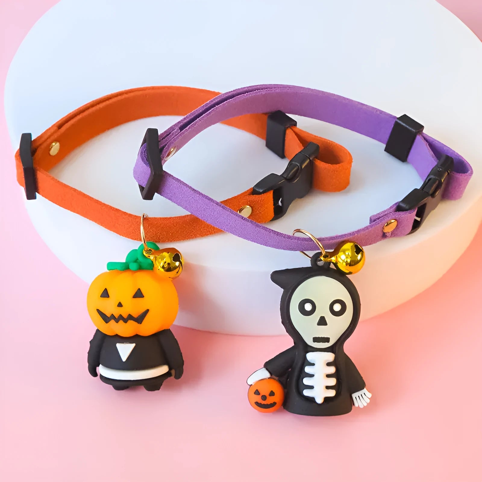 Halloween dog collar decoration in luminous Pumpkin Man design on adjustable polyester strap.