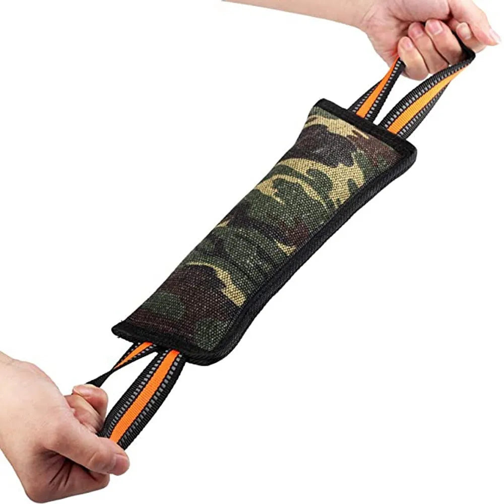 Yellow-edged jute dog training bite stick showing reflective stitching and 55cm length