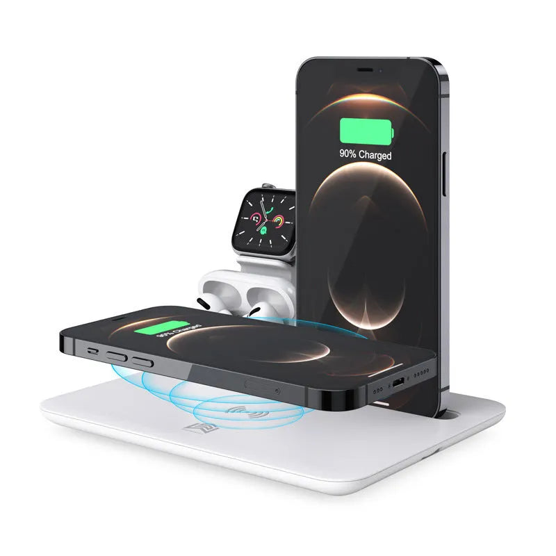 Black desktop wireless charging station with phone on pad, watch and headphone cables plugged in.