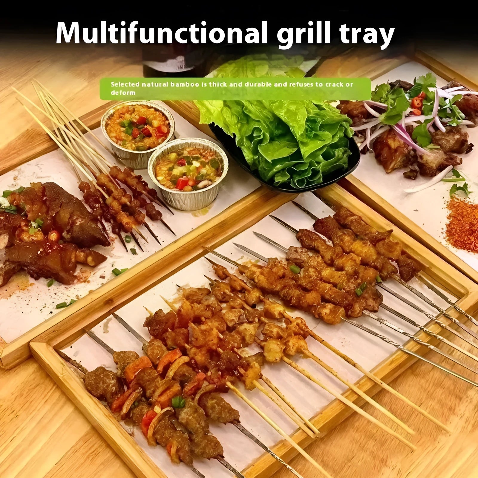 Square bamboo barbecue tray with brown wooden handle for food service