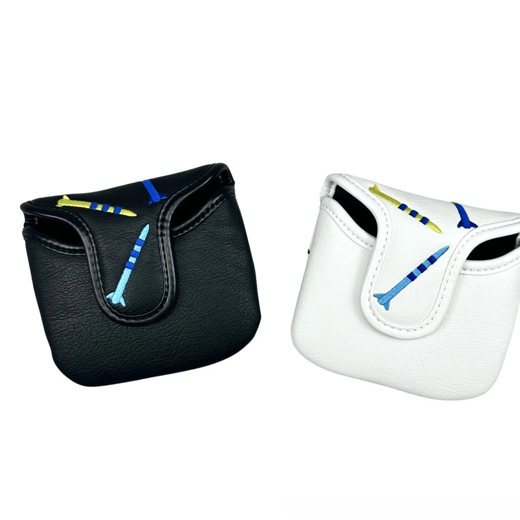 Square black PU leather golf putter sleeve with white rocket pattern design