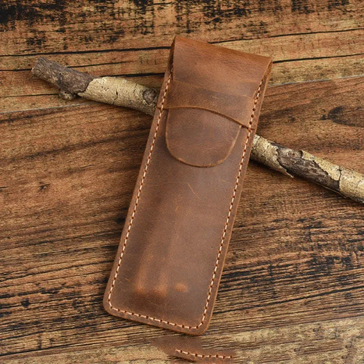 Square vintage leather pencil case showing retro crazy horse texture and 16cm by 6cm dimensions