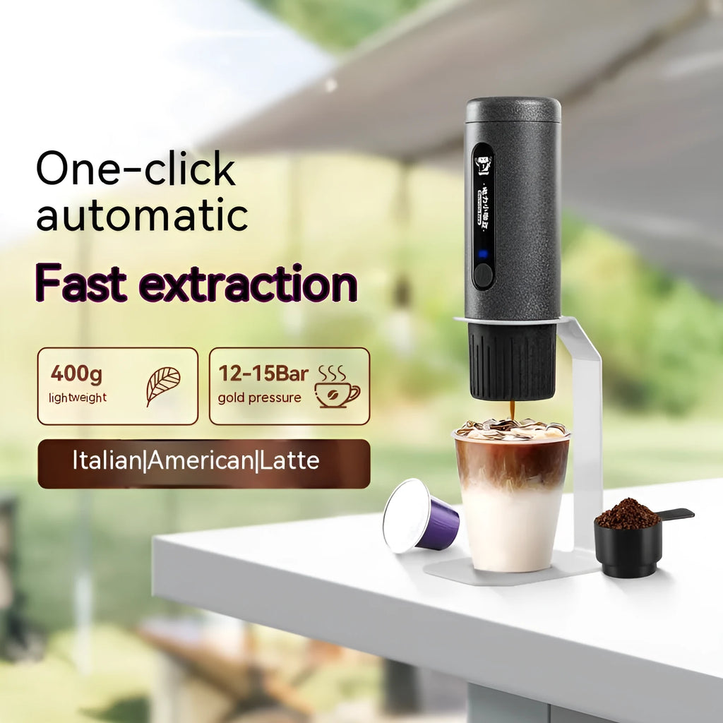 Portable coffee machine in five colours, 60x60x187mm, for capsule and ground coffee