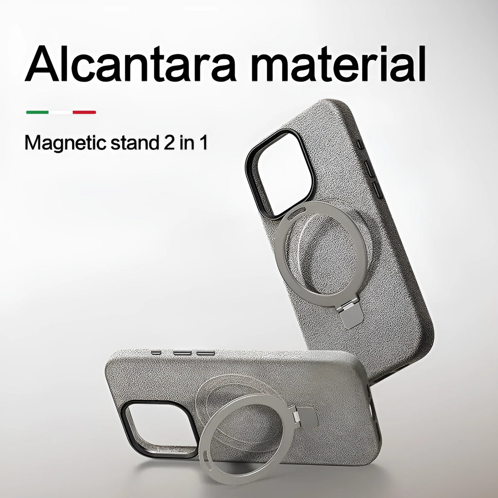 Creative all-match suede bracket phone case for iPhone 15 Pro and 15 Pro Max in dark gray with magnetic absorption and shockproof build