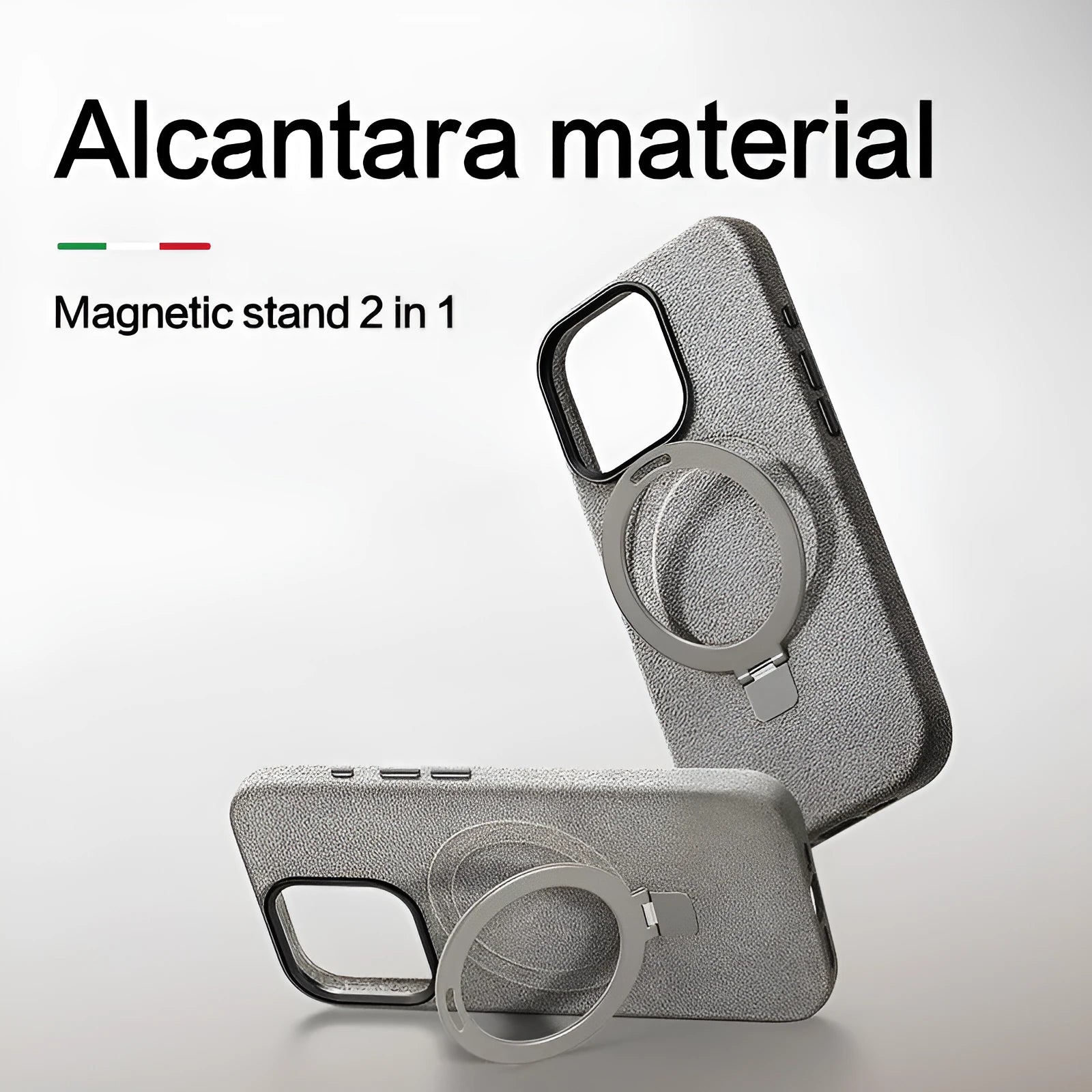 Creative all-match suede bracket phone case for iPhone 15 Pro and 15 Pro Max in dark gray with magnetic absorption and shockproof build