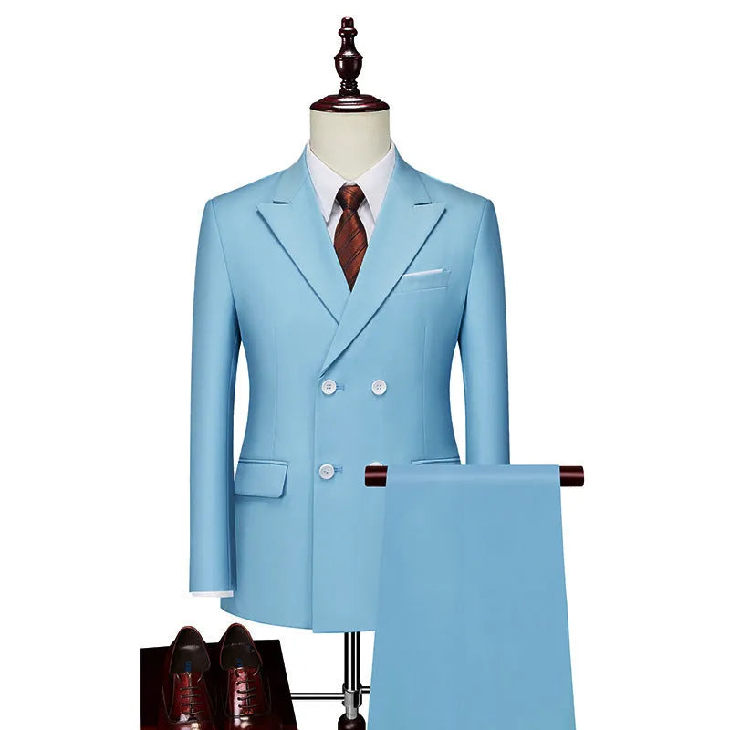 Men's double-breasted corduroy and linen suit set in dark blue, slim fit, with coat and trousers.