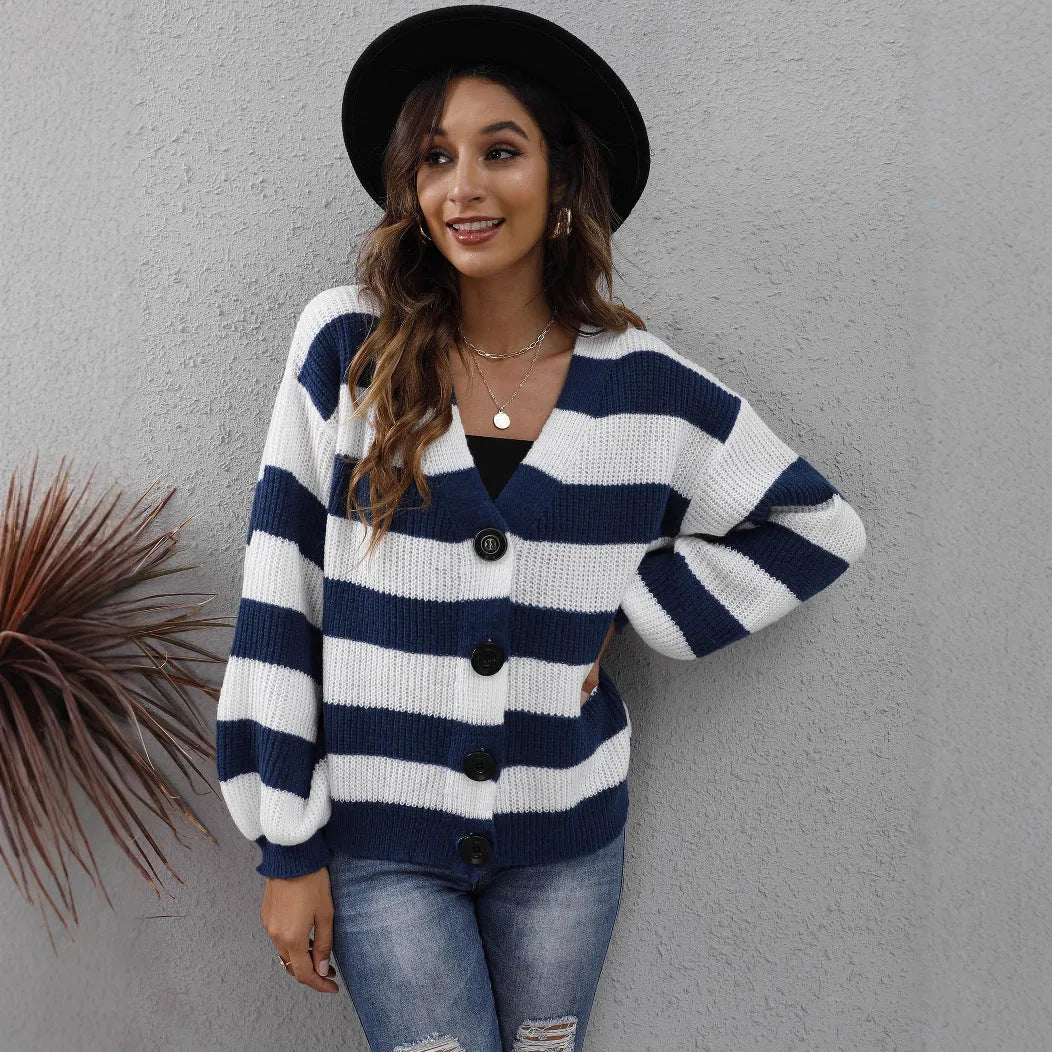 Women's striped deer plush cardigan with button front in blue.