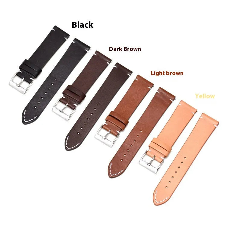 Leather watch strap with stainless steel pin buckle, 2mm thick, available in black, dark brown, light brown, and yellow