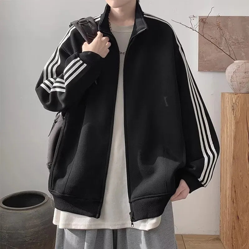 Men's loose fit casual sports jacket in navy blue, polyester, long sleeves, spring autumn