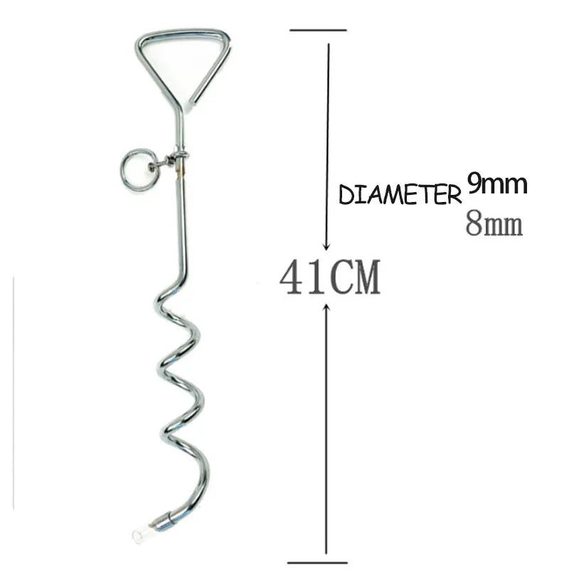 Steel spiral dog tie out stake measuring 8mm diameter by 40cm length with rust-resistant finish