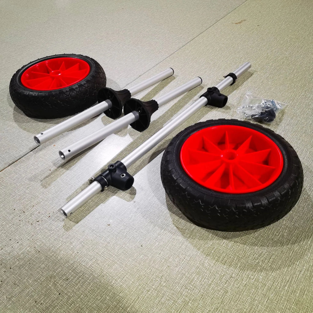Foldable aluminium kayak beach cart with two black rubber wheels and an upright pull handle, shown folded and extended.