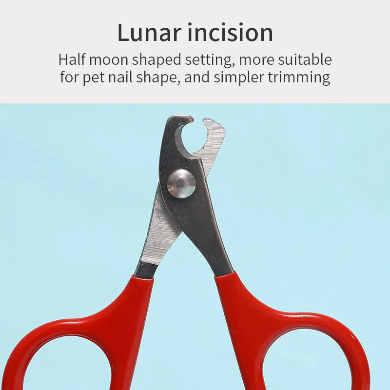 Stainless steel pet nail clippers with coloured plastic and rubber handle for dog and cat grooming