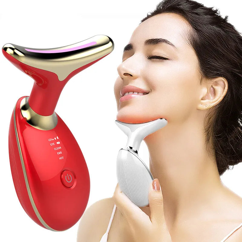 Black silver EMS thermal neck massager with LED lights for skin tightening and wrinkle reduction