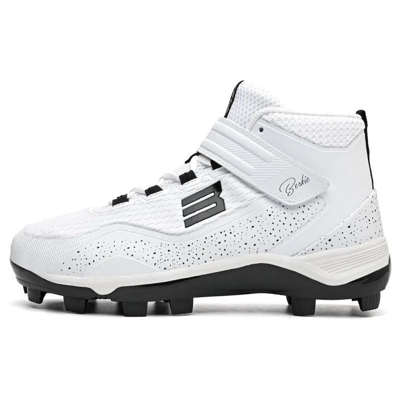 Black and white youth baseball training sneakers with a Velcro strap and textured rubber sole.
