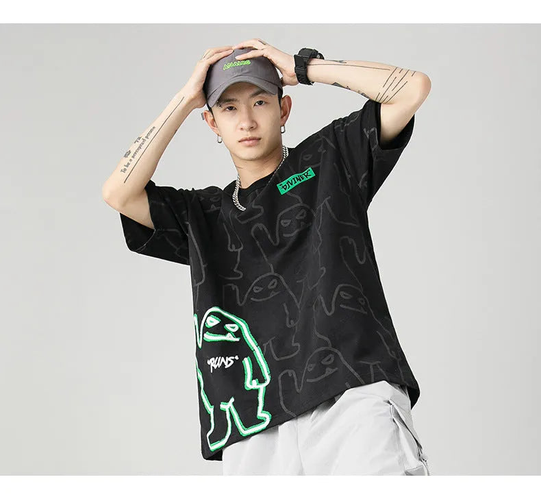 Black bear print cotton short-sleeve t-shirt with glow-in-the-dark design on a model