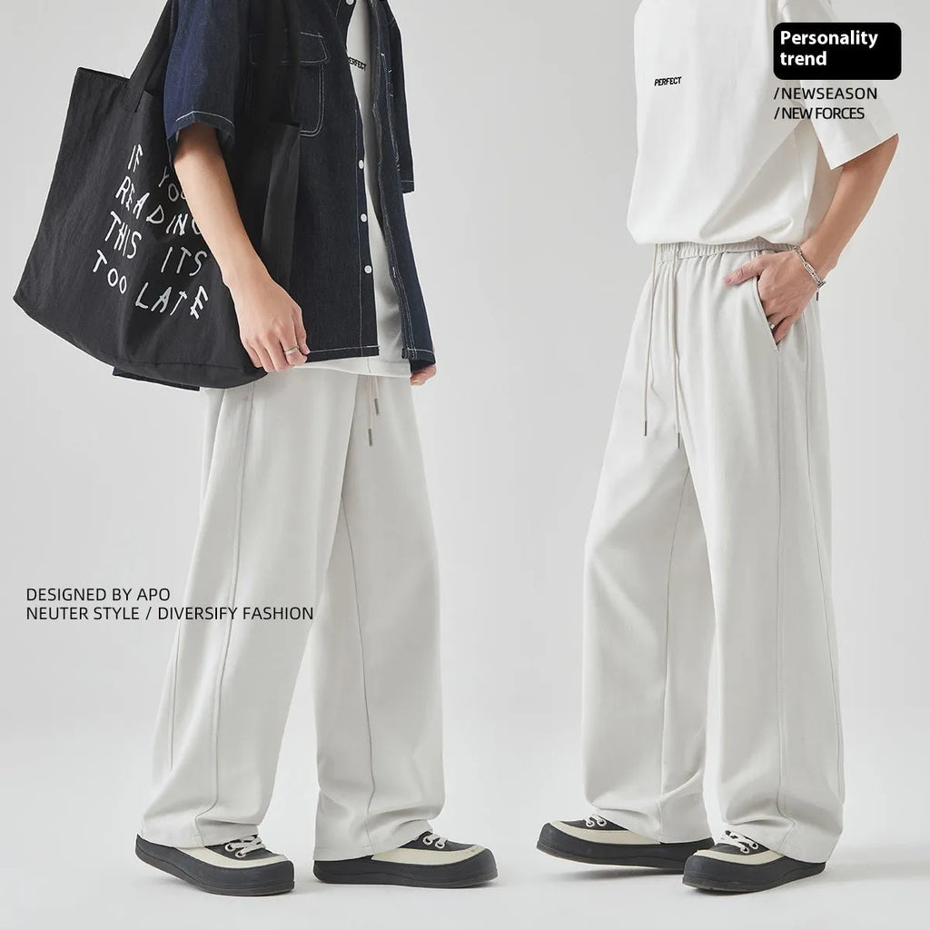 Men's cotton blend summer trousers in grey with high waist and lace-up drawstring