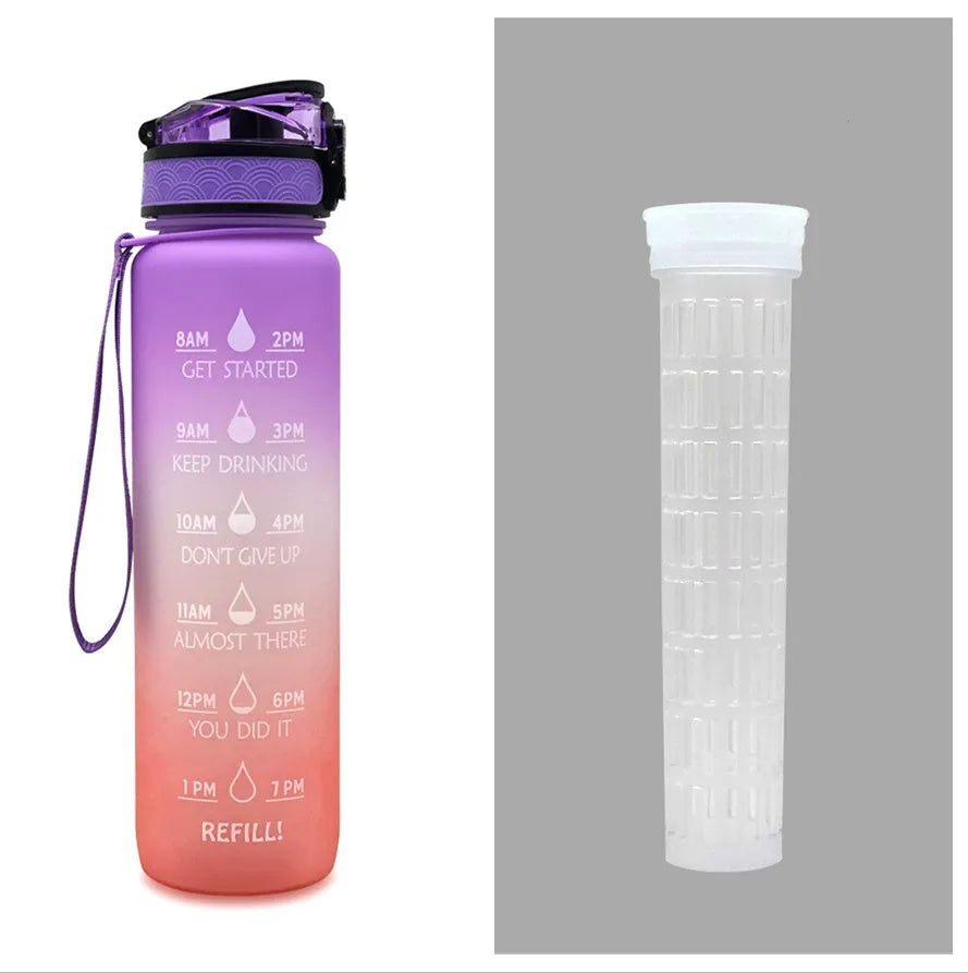 Blue-red gradient 1L Tritan water bottle with time markers and flip-top lid on a gym bag