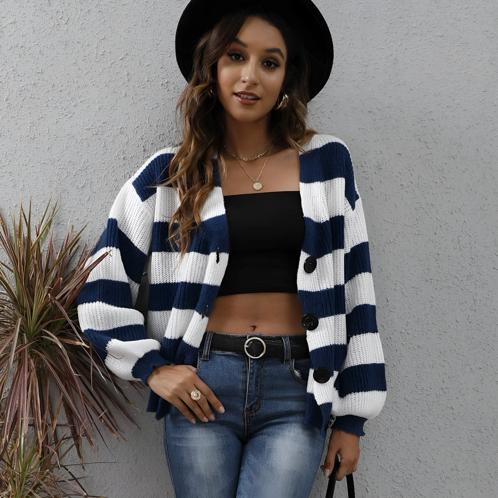 Women's striped deer plush cardigan with button front in blue.