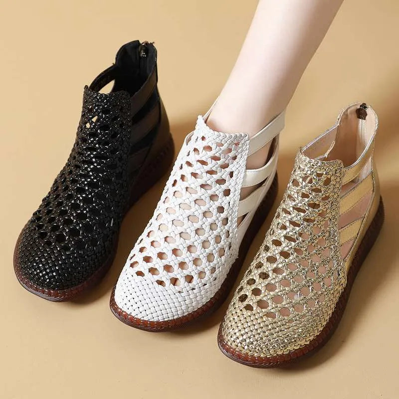 Women's gold hollow-out sandals with middle-top height and round toe design