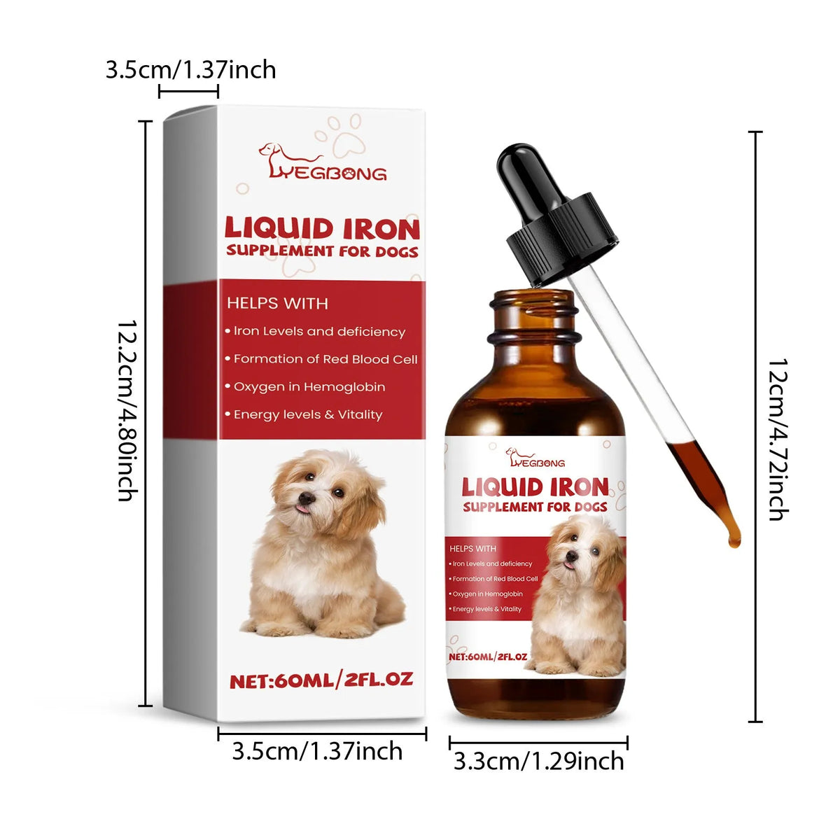 60ml pet dog syrup bottle with mint extract, purified water, and erythritol, measuring 3.3cm x 12cm
