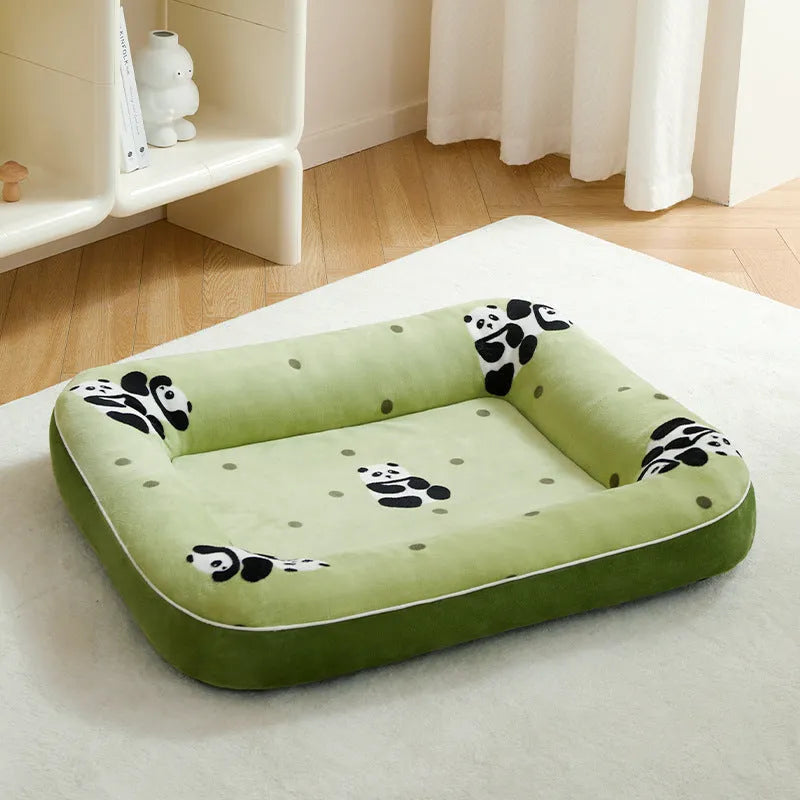Blue small dog bed cushion with PP cotton fill, size M, on a sofa