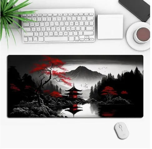 Large black anime-themed gaming mouse pad with non-slip rubber base on a wooden desk.