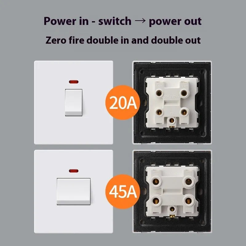 Gold coloured high current electrical switch with illuminated panel for water heater and air conditioner.