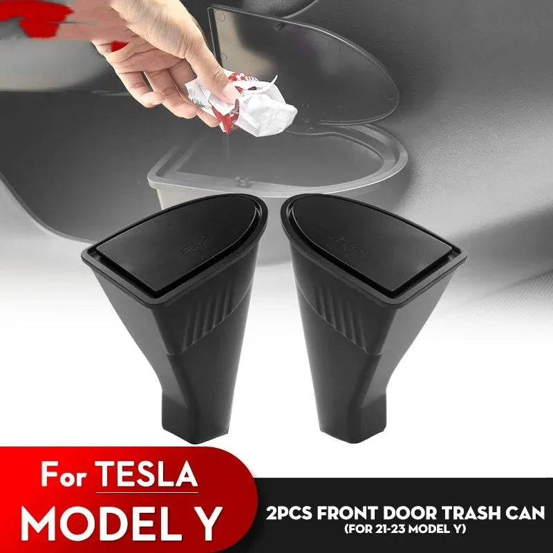 Two black ABS plastic storage boxes designed for Tesla Model Y front door pockets.