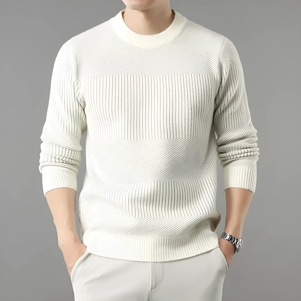 Men's thick long sleeve round neck chenille sweater in beige, shown on a model for autumn casual wear.