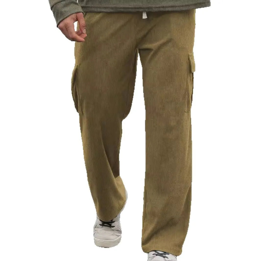 Multi-pocket corduroy-style cargo work pants in khaki, high waist with drawstring closure, stretch polyester fabric, five colour options