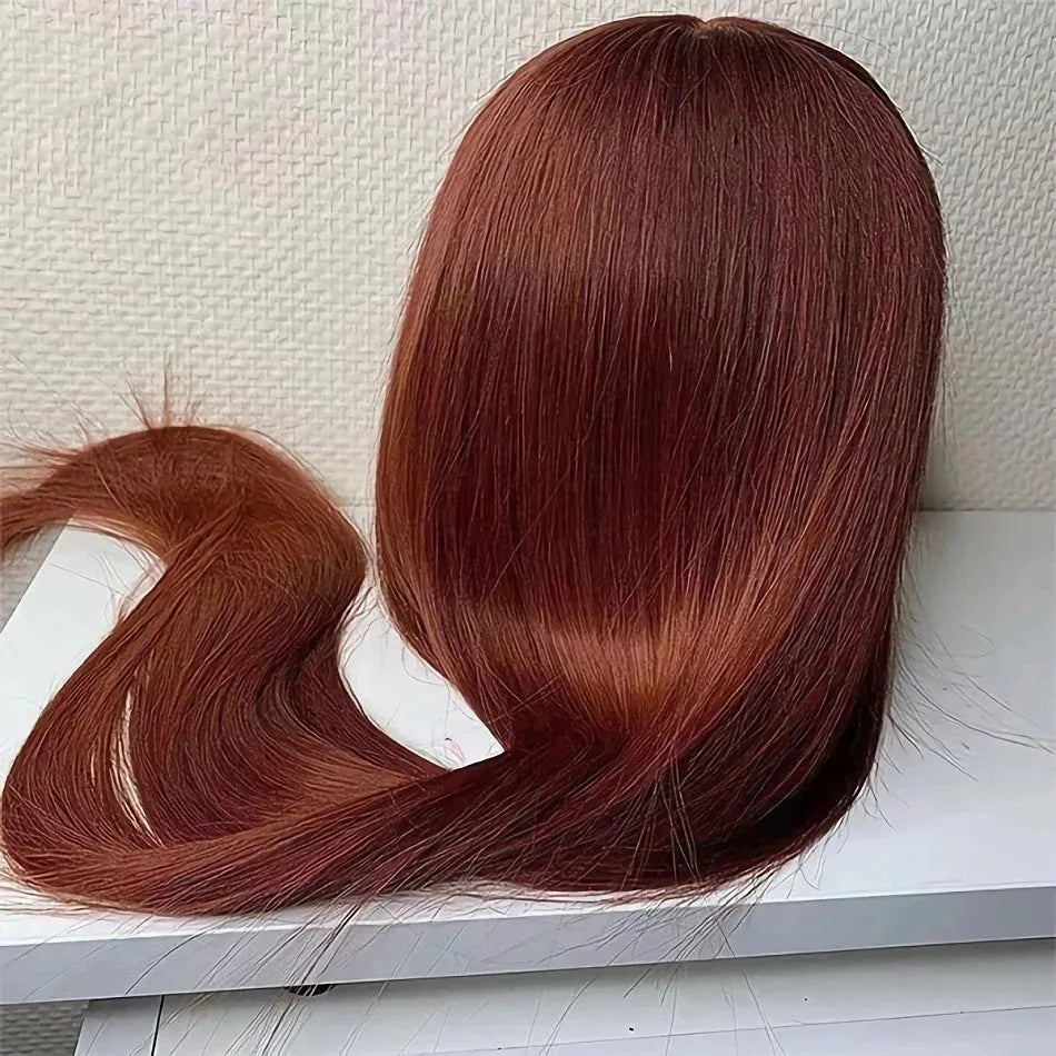 Straight 13x4 human hair lace front wig, hand woven, 150% density, 20 inch length, long straight style with side bangs.