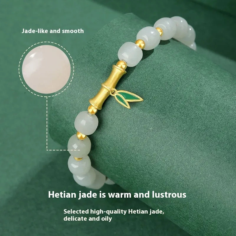 Sterling silver bracelet with natural Hetian jade bamboo leaf beads in zhizhu colour