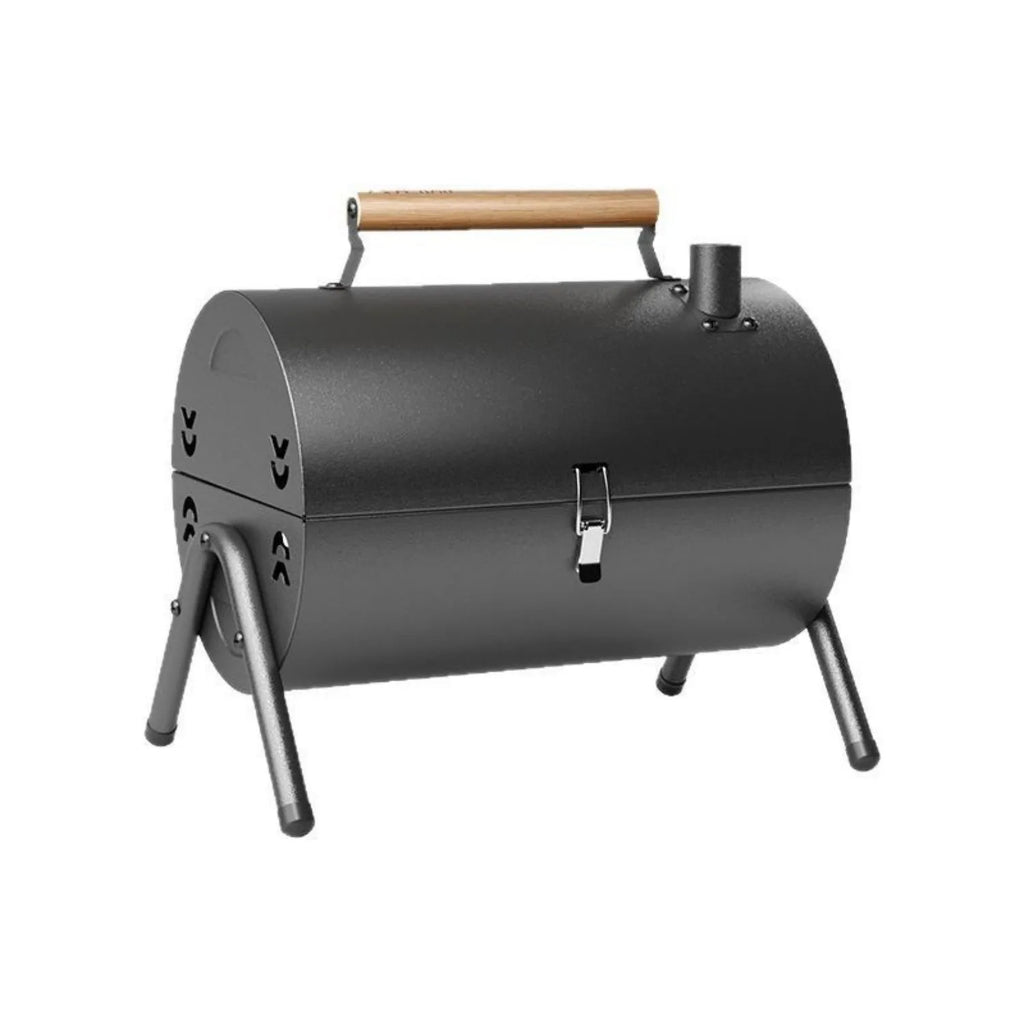 White round chimney oven style portable folding barbecue grill with carbon tanks and mesh grids.