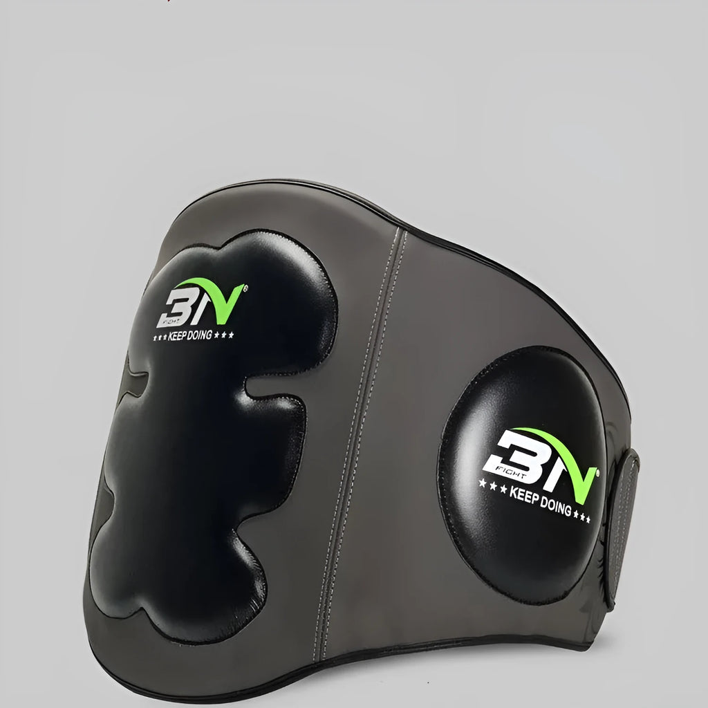 Dark grey Sanda boxing chest protection target for waist safety during martial arts training.