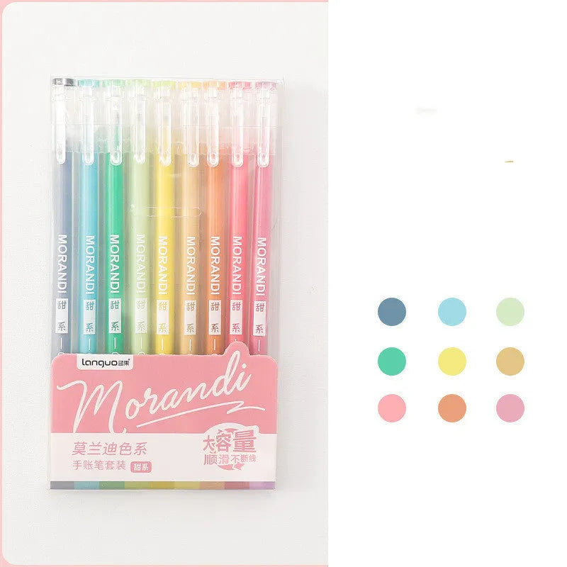 Set of nine retro-style gel pens with 0.5mm needle tips, displayed in a compact 15.2 by 8.5 cm package.