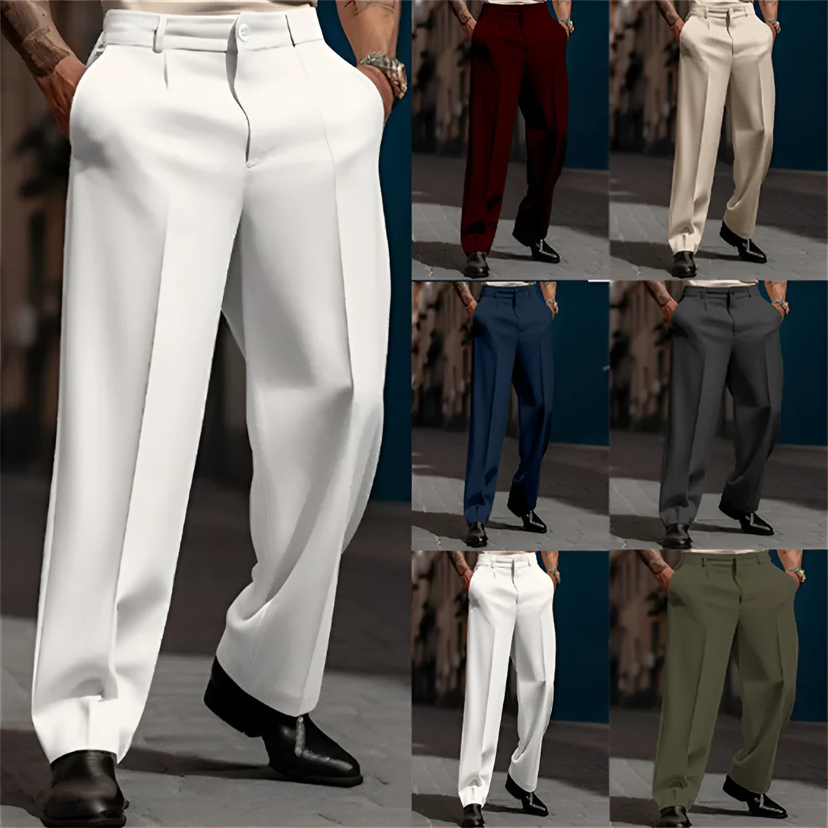 Men's straight leg suit trousers with diagonal pocket, breathable cotton blend, available in six colours