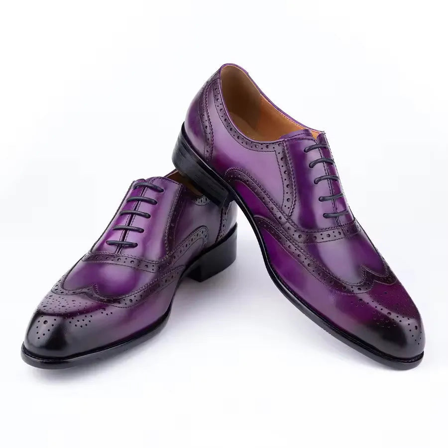 Men's purple hand-carved oxford shoes with pointed toe and rubber sole