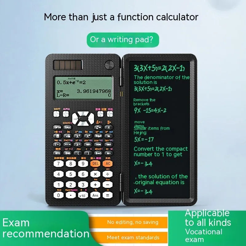 Black 2 in 1 foldable scientific calculator with handwriting LCD notepad on a desk