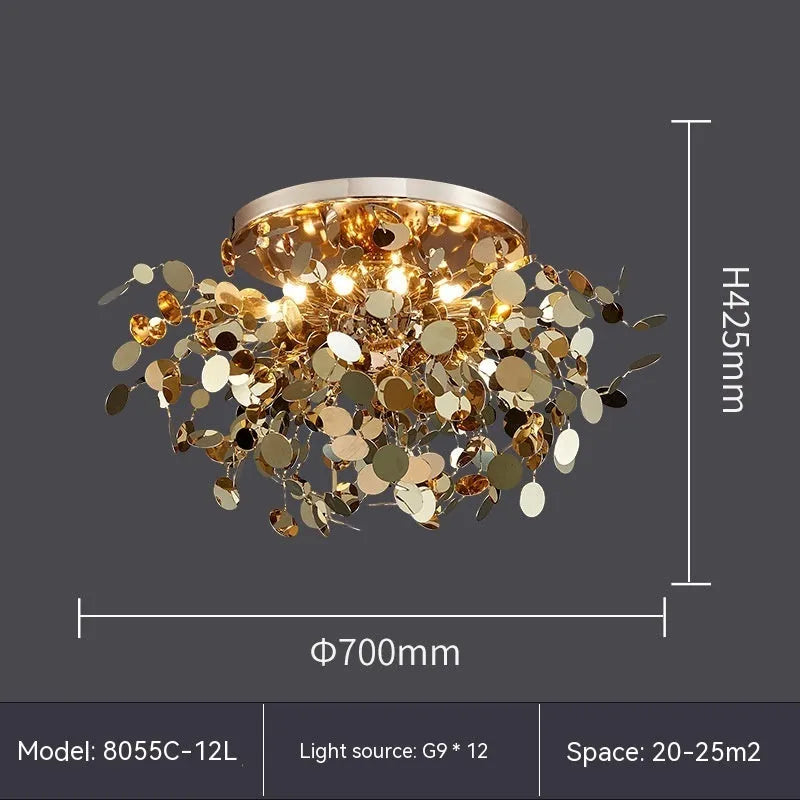 Stainless steel bar tree blade chandelier with eight G9 lights, shown in D380 x H450 mm and D500 x H450 mm sizes