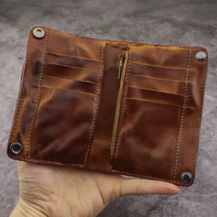 Men's genuine leather retro wallet in vertical square design with multiple card slots and coin pocket