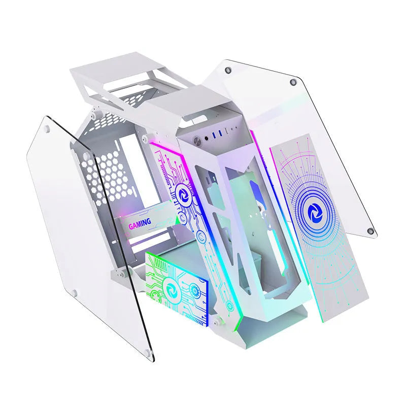 Table-type SECC metal computer chassis for desk integration with RGB fan lighting.