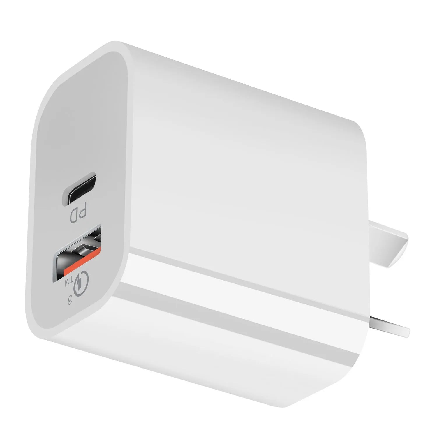 White Australian dual port USB charger with Type-A and Type-C interfaces