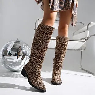 Brown leopard print women's ankle boots with square toe and chunky heel