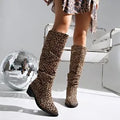 Brown leopard print women's ankle boots with square toe and chunky heel