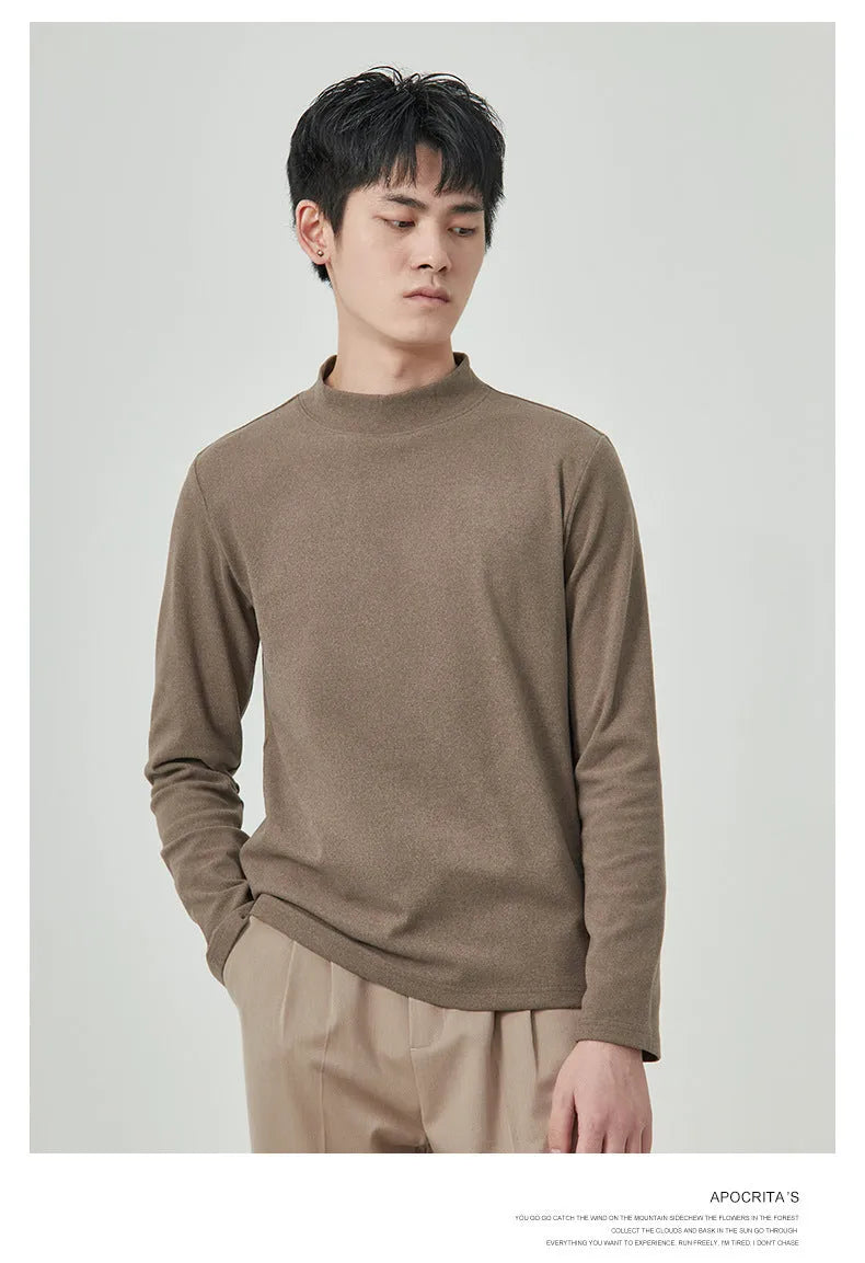 Men's half-high collar long sleeve t-shirt in brown solid colour