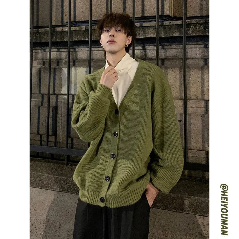 Retro men's V-neck cardigan sweater in army green colour with long sleeves and loose fit design