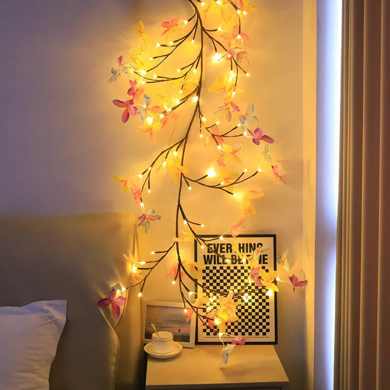USB-powered LED butterfly tree rattan lamp with flexible 1.8 metre design and coloured accents